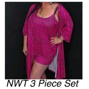 NWT Rebel Raven Purple Leopard Print 3 Piece Cami Shorts W/ Robe Set